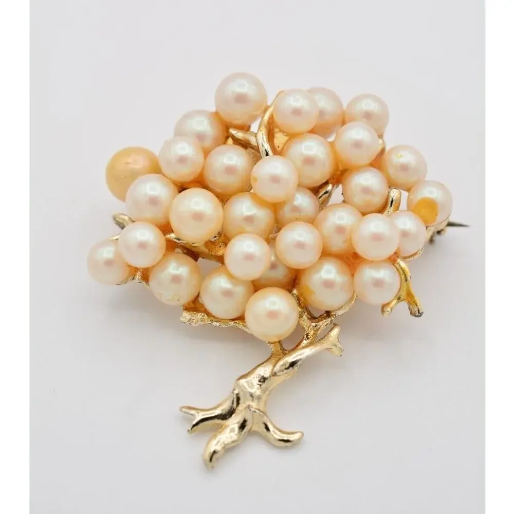 Vintage Tree Pin Brooch Faux Pearl Cluster Gold Tone Chunky Heavy 1980s BinAT